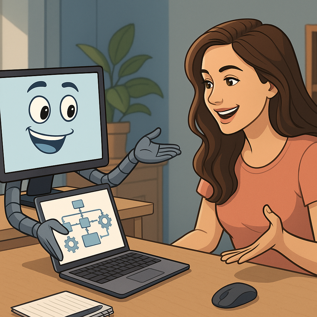 A.I. helping a young professional woman automate her daily workflow.